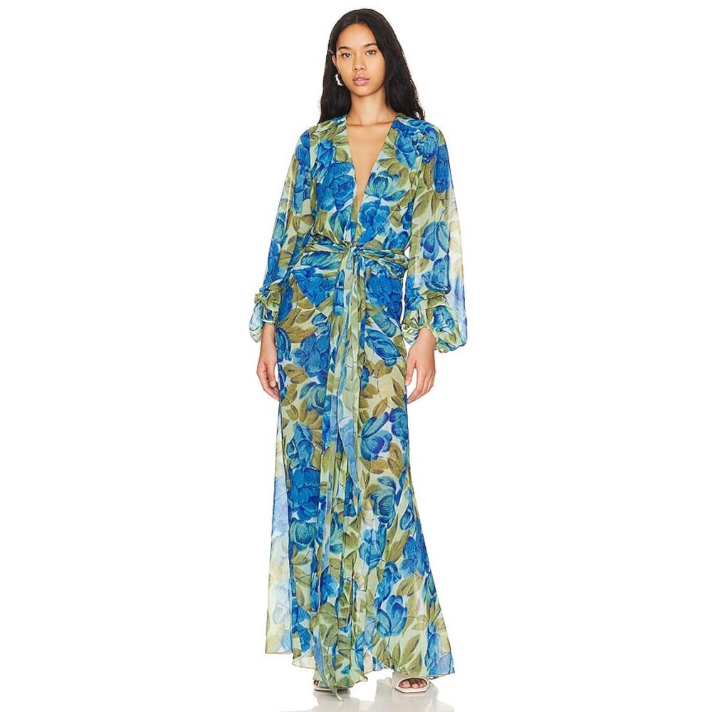 Ronny Kobo Shanti plunging blue floral maxi dress size large